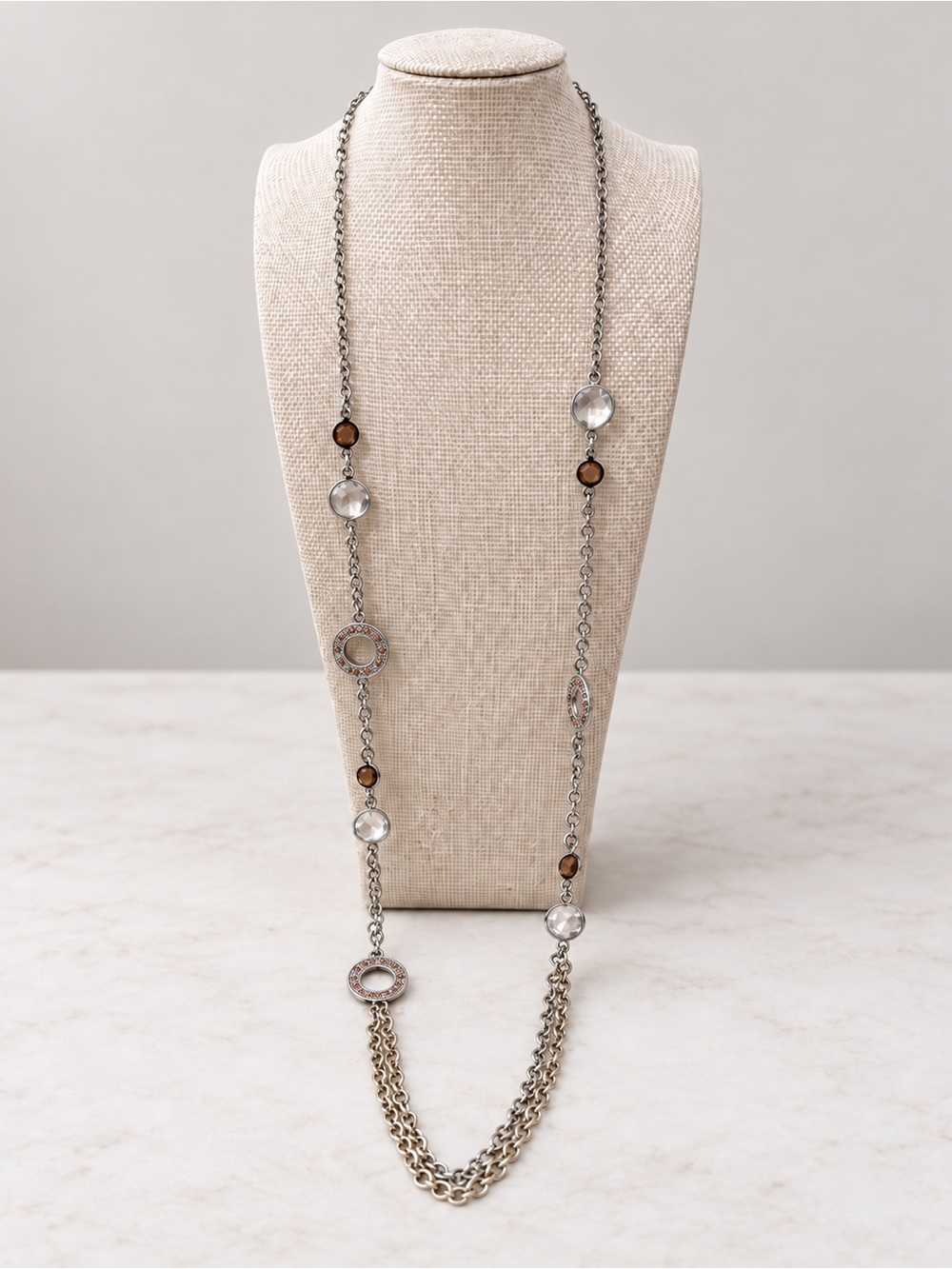 Silver Tone Long Station Necklace Clear & Rose Pink Beads Multi Chain Circle